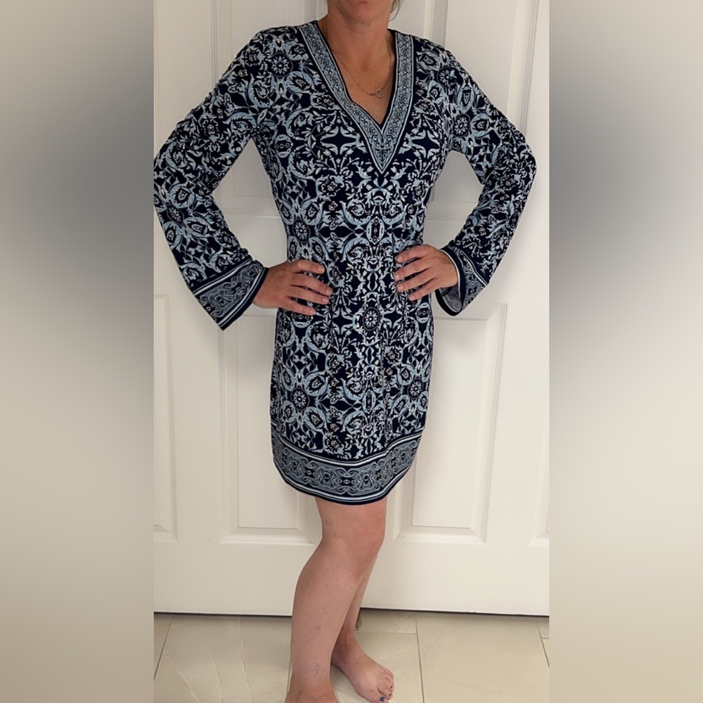 White House Black Market Navy and Light Blue Long Sleeve Dress